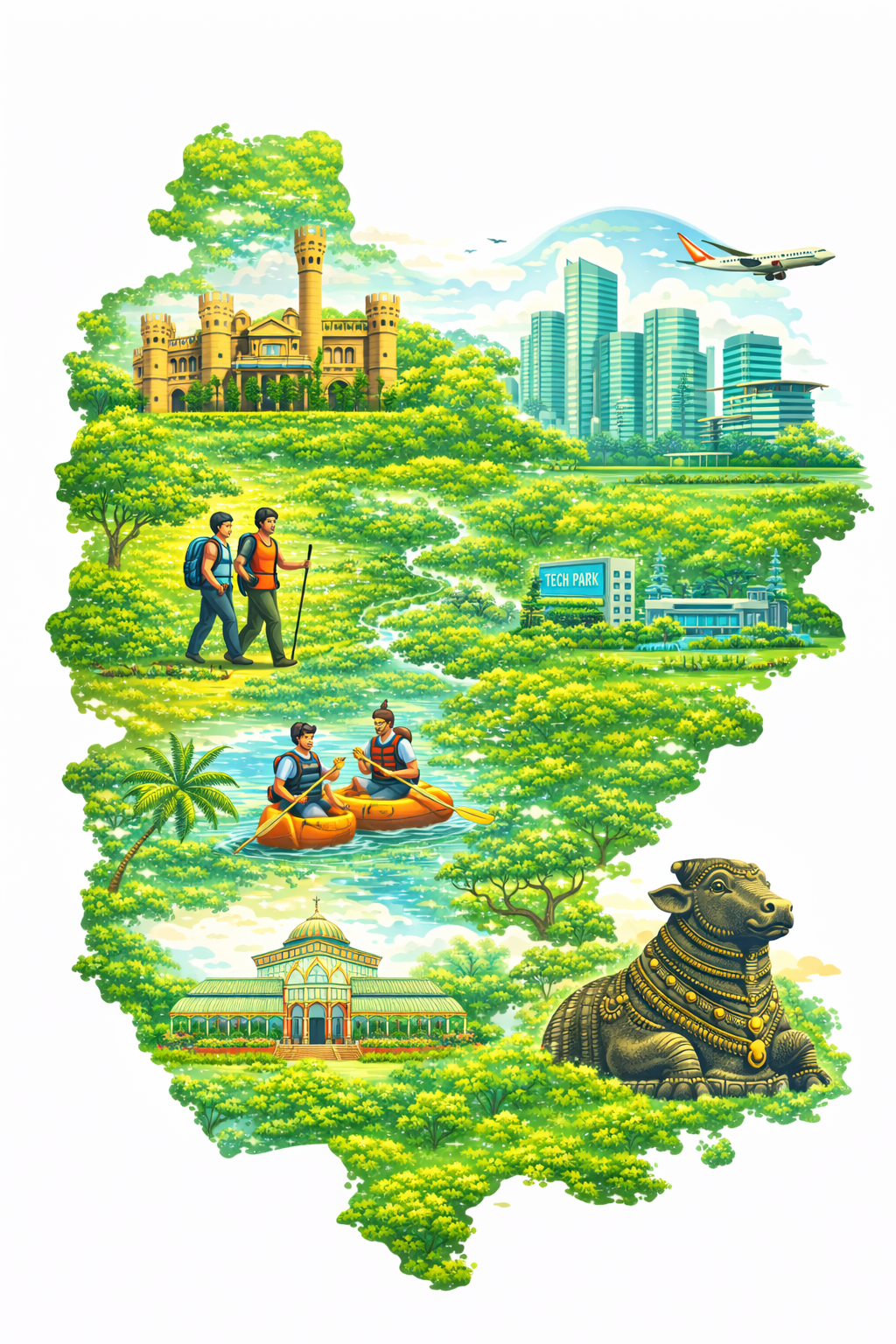 Illustrated Bangalore offsite collage — tech parks, heritage landmarks and outdoor experiences