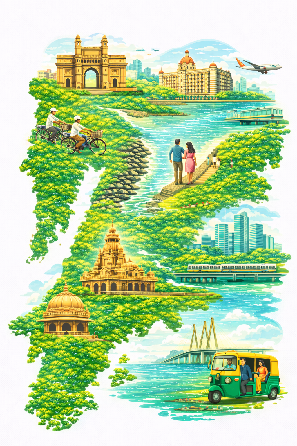 Illustrated Mumbai corporate offsite collage — Gateway of India, waterfront, skyline and team-friendly city experiences