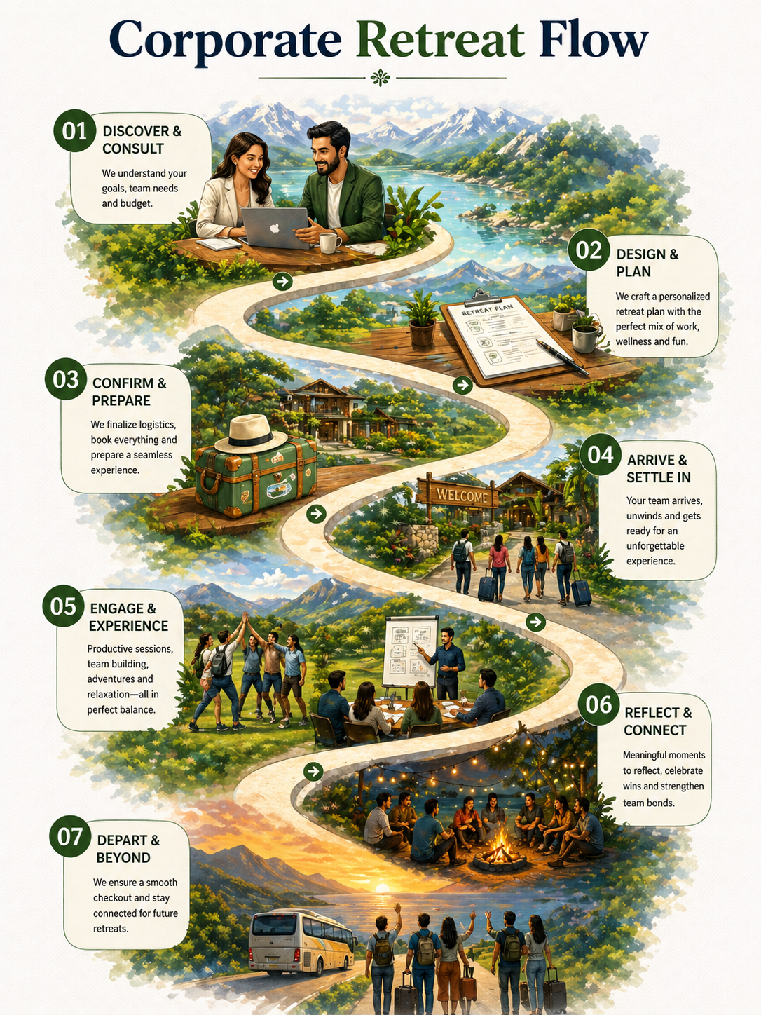 Corporate retreat timeline and workshop flow
