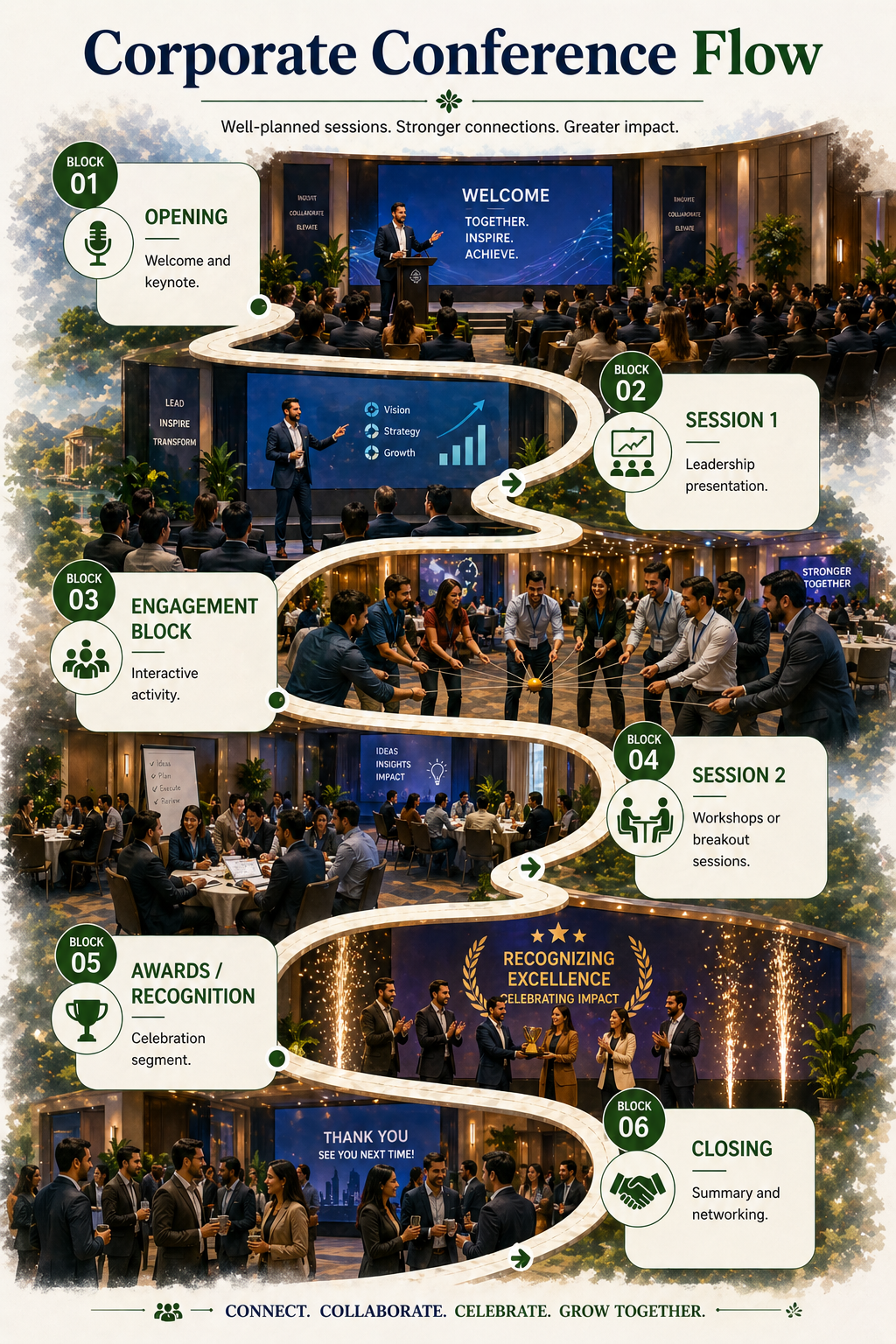 Corporate conference flow with audience and stage