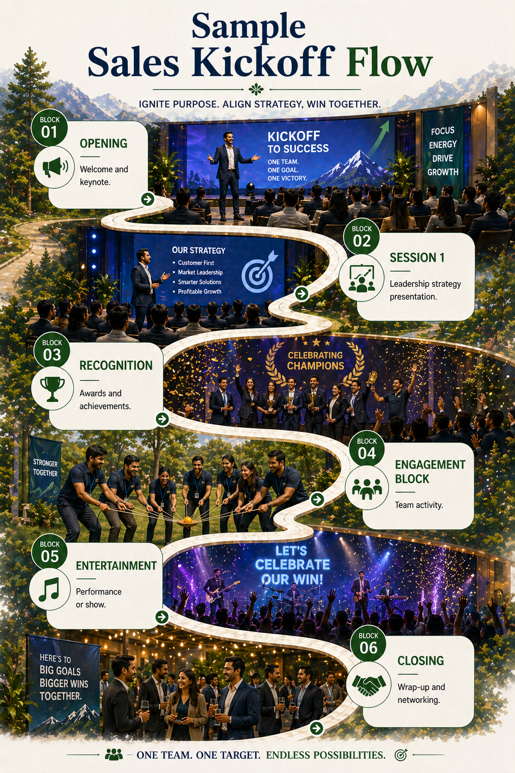 Sales kickoff event flow with strategy and celebration blocks