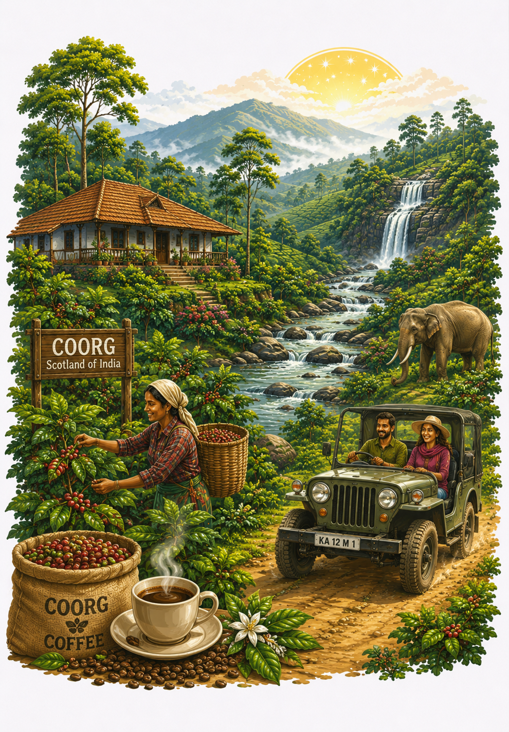 Coorg illustrated destination map — coffee estates, hills, resorts and experiences for a two-day corporate offsite