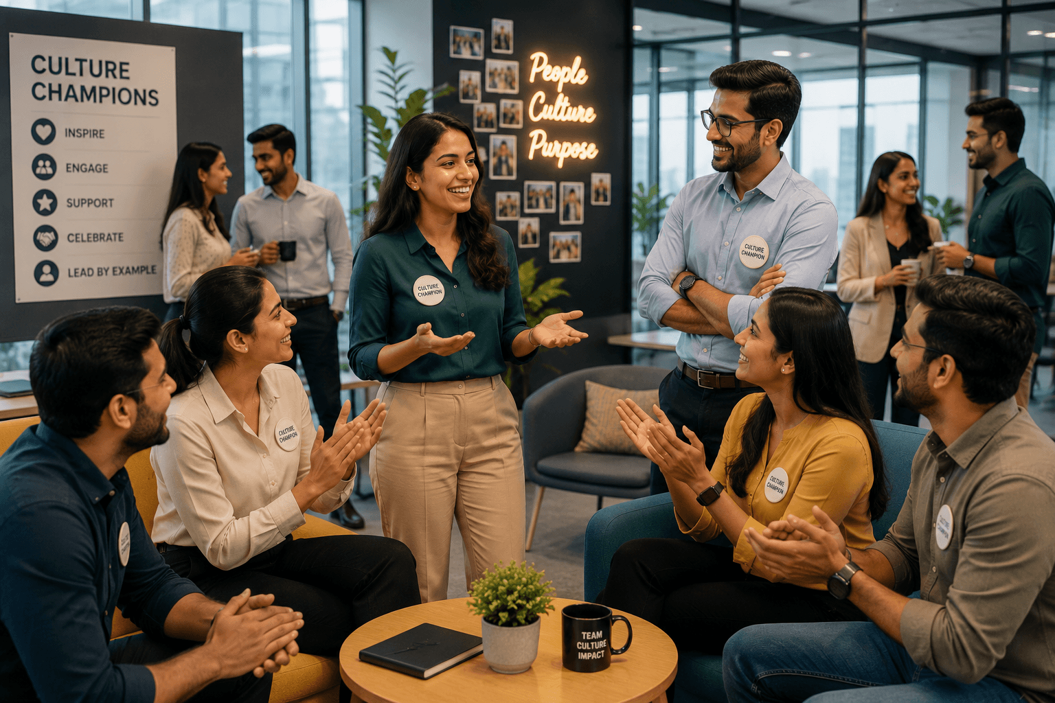 Employees collaborating as culture champions in a thriving workplace