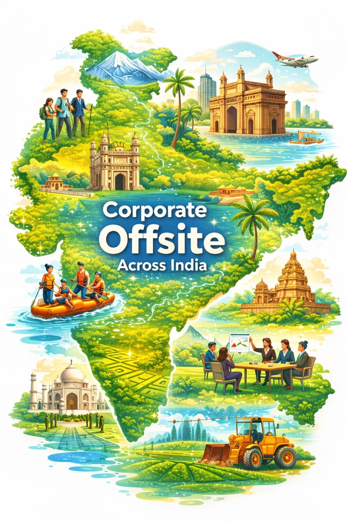 Illustrated map of India highlighting corporate offsite experiences including nature and team programmes